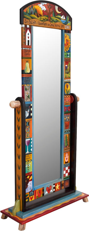 Wardrobe Mirror on Stand –  "Go Out for Adventure/Come Home for Love" mirror on stand with sun and moon over the tree of life motif