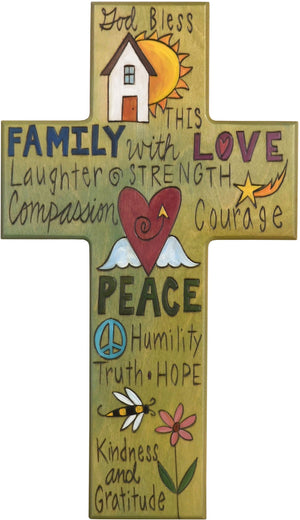 Cross Plaque – Family/Love/Peace cross plaque with green themed words and home motif