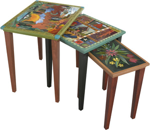Nesting Table Set –  "Enjoy the Changing Seasons" nesting table set with sun and moon over a beautiful landscape of the four seasons motif