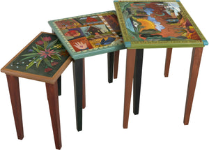 Nesting Table Set –  "Enjoy the Changing Seasons" nesting table set with sun and moon over a beautiful landscape of the four seasons motif