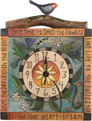Square Wall Clock –  "Take TIme to Smell the Flowers" wall clock with flower and bird motif