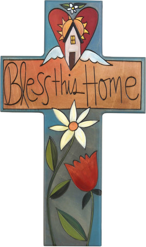 Cross Plaque –  Bless this Home cross plaque with home and flower motif
