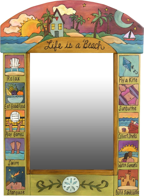 Medium Mirror –  "Life is a Beach" mirror with sunset on a tropical island motif