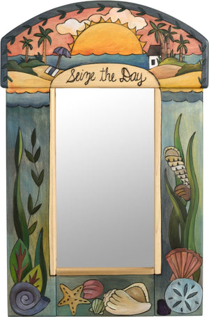Small Mirror –  "Seize the Day" mirror with warm sunset over a beachy paradise motif