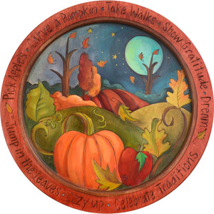 18" Round Tray –  Autumn themed landscape motif tray in an elegant color palette