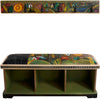 Storage Bench without Boxes, Leather Seat – Handsome storage bench with hand stitched seat, rolling landscape and floral motif view with coordinating coat rack