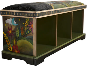 Storage Bench without Boxes, Leather Seat –  Handsome storage bench with hand stitched seat, rolling landscape and floral motif