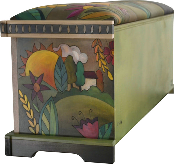 Storage Bench without Boxes, Leather Seat –  Handsome storage bench with hand stitched seat, rolling landscape and floral motif