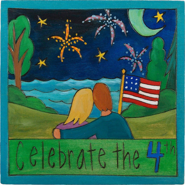 "Celebrate the 4th" cute couple in a celebratory landscape motif