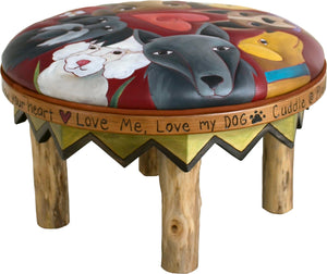 Round Ottoman –  Several sweet dogs in the round on a red background side view