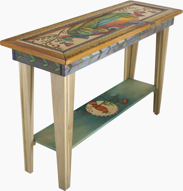 Sticks handmade sofa table with colorful folk art imagery and birds