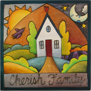 Sticks handmade wall plaque with "Cherish Family" quote and happy home imagery