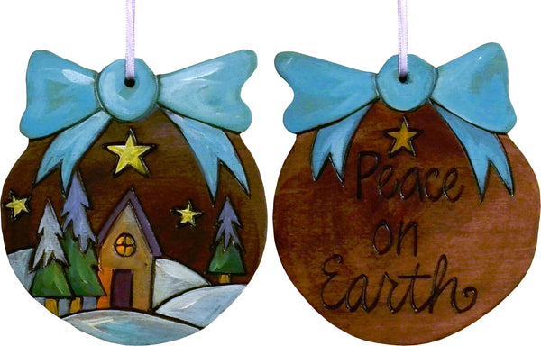 Ball Ornament –  Peace on Earth ball ornament with home on a snowy horizon motif