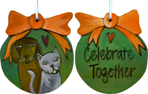 Ball Ornament –  "Celebrate Together" ball ornament with dog and cat motif