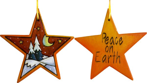 Star Ornament –  "Peace on Earth" star ornament with snow-covered pine trees and moon motif