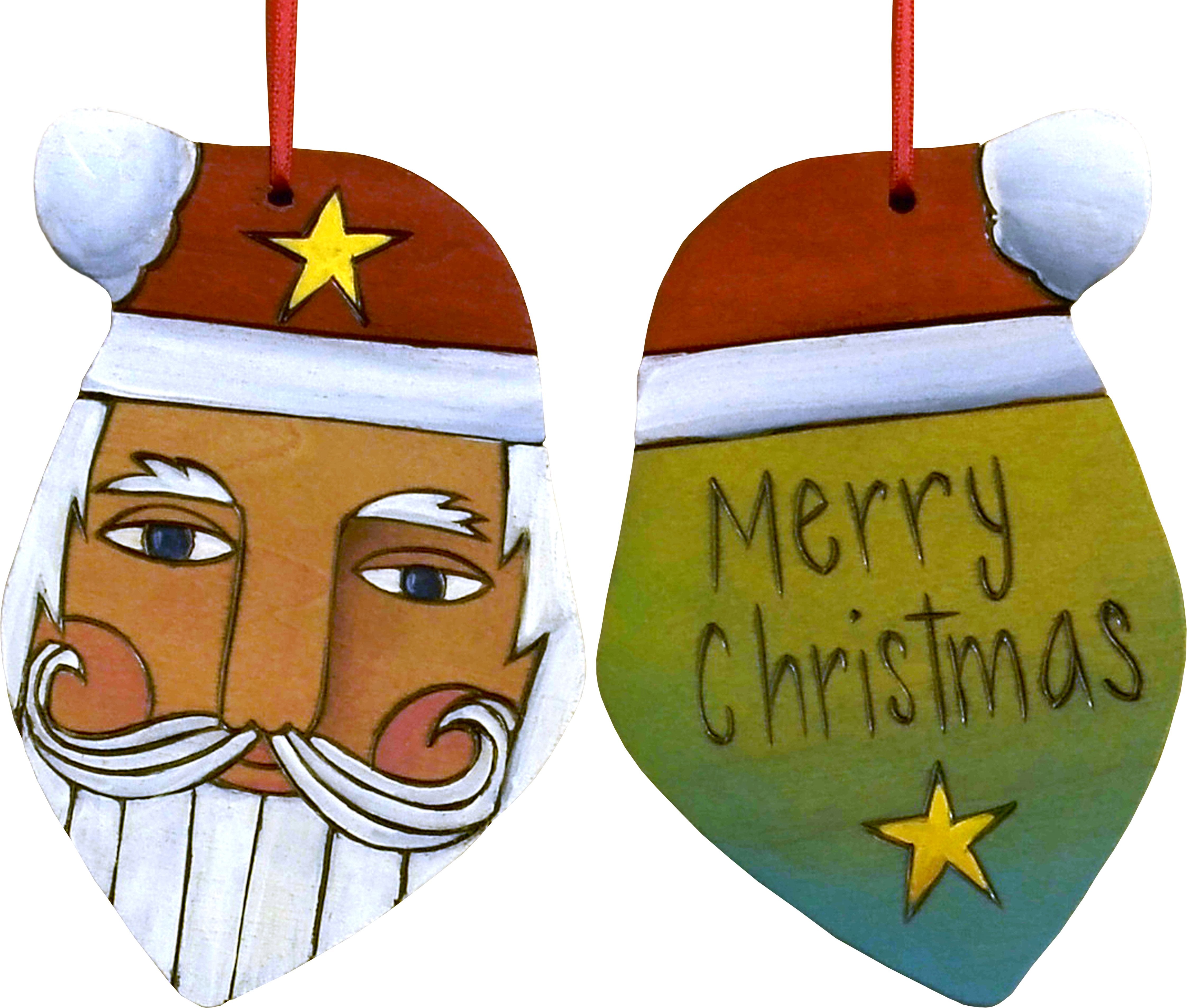 Santa Ornament –  Festive Santa ornament with yellow, green and blue back, 