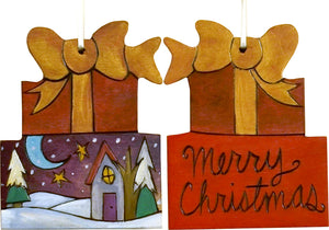 Present Ornament –  "Merry Christmas" present ornament with yellow ribbon and snowy home motif