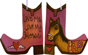 Boot Ornament –  Love Me, Love My Horse boot ornament with red themed horse motif