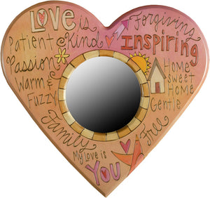 Heart Shaped Mirror –  "My Love is You" heart-shaped mirror with home and sun motif
