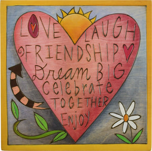 Sticks handmade wall plaque with "Love, Laugh, Friendship, Dream Big, Celebrate together, Enjoy" quote and spring heart design