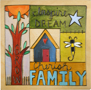 Sticks handmade wall plaque with "Inspire, Dream, Grow, Cherish Family" quote and imagery