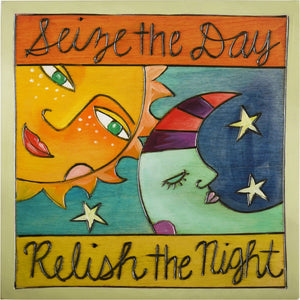 Sticks handmade wall plaque with "Seize the Day, Relish the Night" quote and Sun and Moon imagery