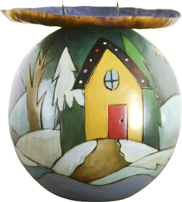 Ball Candle Holder –  Ball Candle Holder with cozy home nestled in the snowy mountains motif