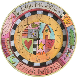14" Round Wall Clock –  Crazy quilt design with playful icons and "Seize the Day" and "Relish the Night" phrases