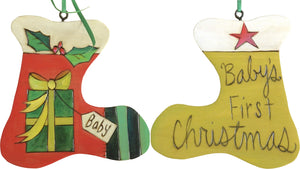 Stocking Ornament –  "Baby's First Christmas" stocking ornament with mistletoe and present motif