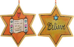 Star of David Ornament –  Charming yellow and gold "believe" Star of David ornament with Torah scroll image