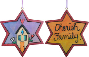 Star of David Ornament –  Beautiful, colorful "Cherish Family" Star of David ornament with cozy home motif with a Star of David over the door