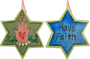 Star of David Ornament –  Blue and green "have faith" Star of David ornament with hamsa hand design