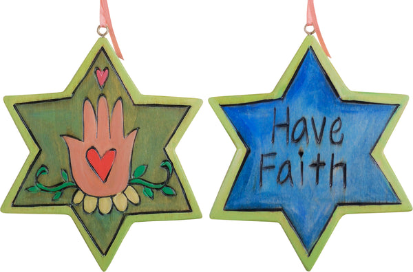 Star of David Ornament –  Blue and green "have faith" Star of David ornament with hamsa hand design