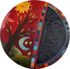 Round Ottoman –  Beautiful bright red tree of life design with floating icon section done in contrasting black and white top view