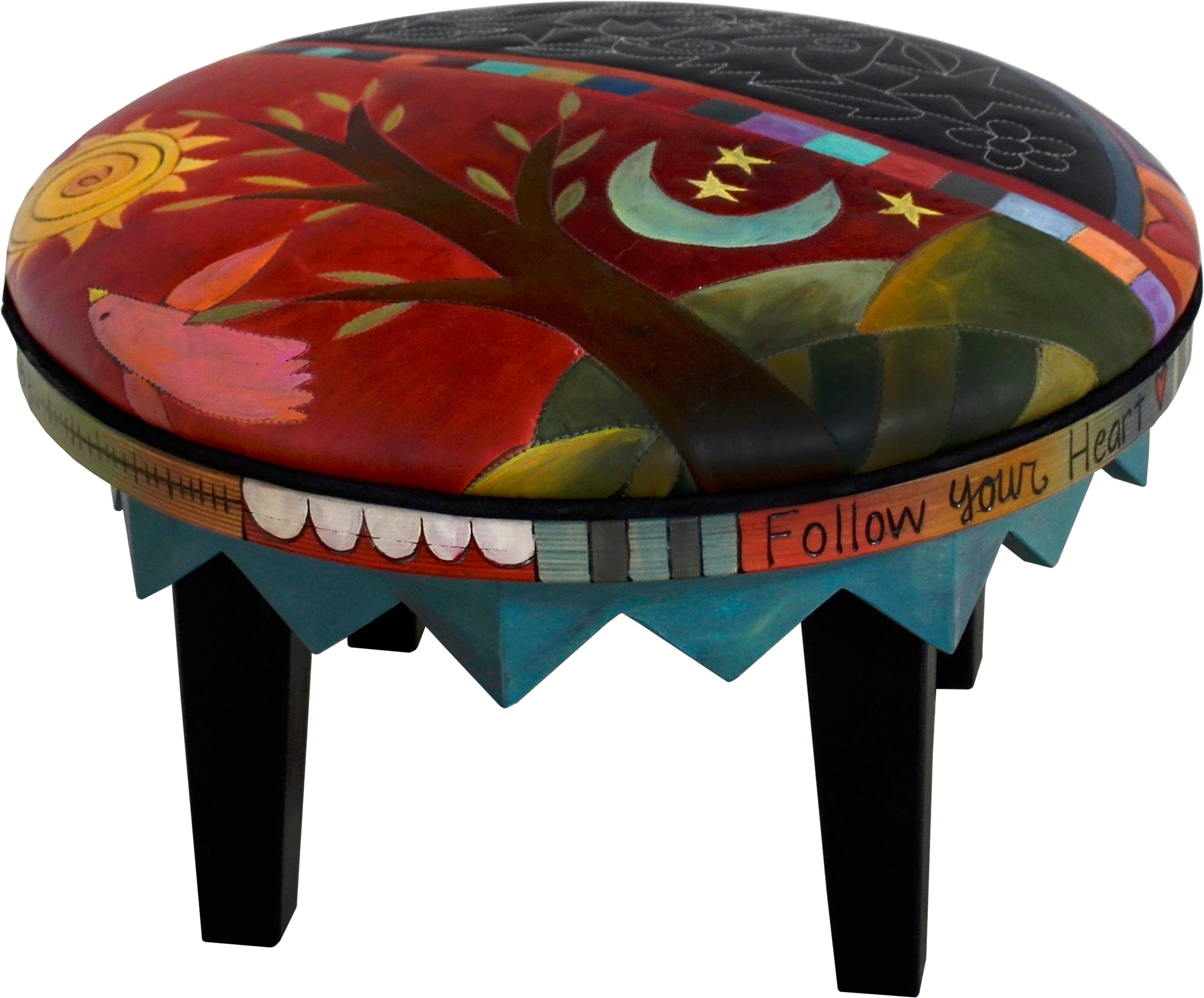 Round Ottoman –  Beautiful bright red tree of life design with floating icon section done in contrasting black and white main view