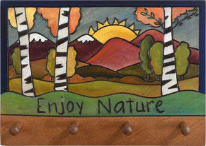 Horizontal Key Ring Plaque –  "Enjoy Nature," key ring plaque with birch trees and a mountain sunrise landscape