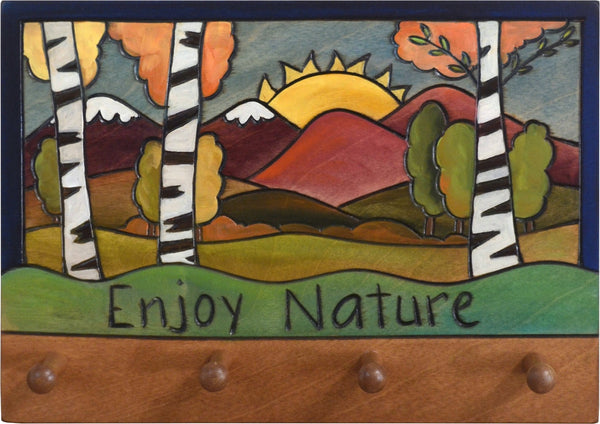 Horizontal Key Ring Plaque –  "Enjoy Nature," key ring plaque with birch trees and a mountain sunrise landscape