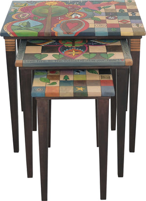 Sticks handmade nesting table set with colorful block imagery