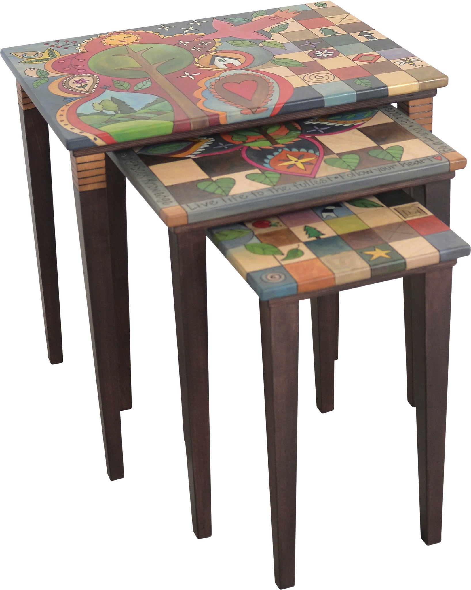 Sticks handmade nesting table set with colorful block imagery