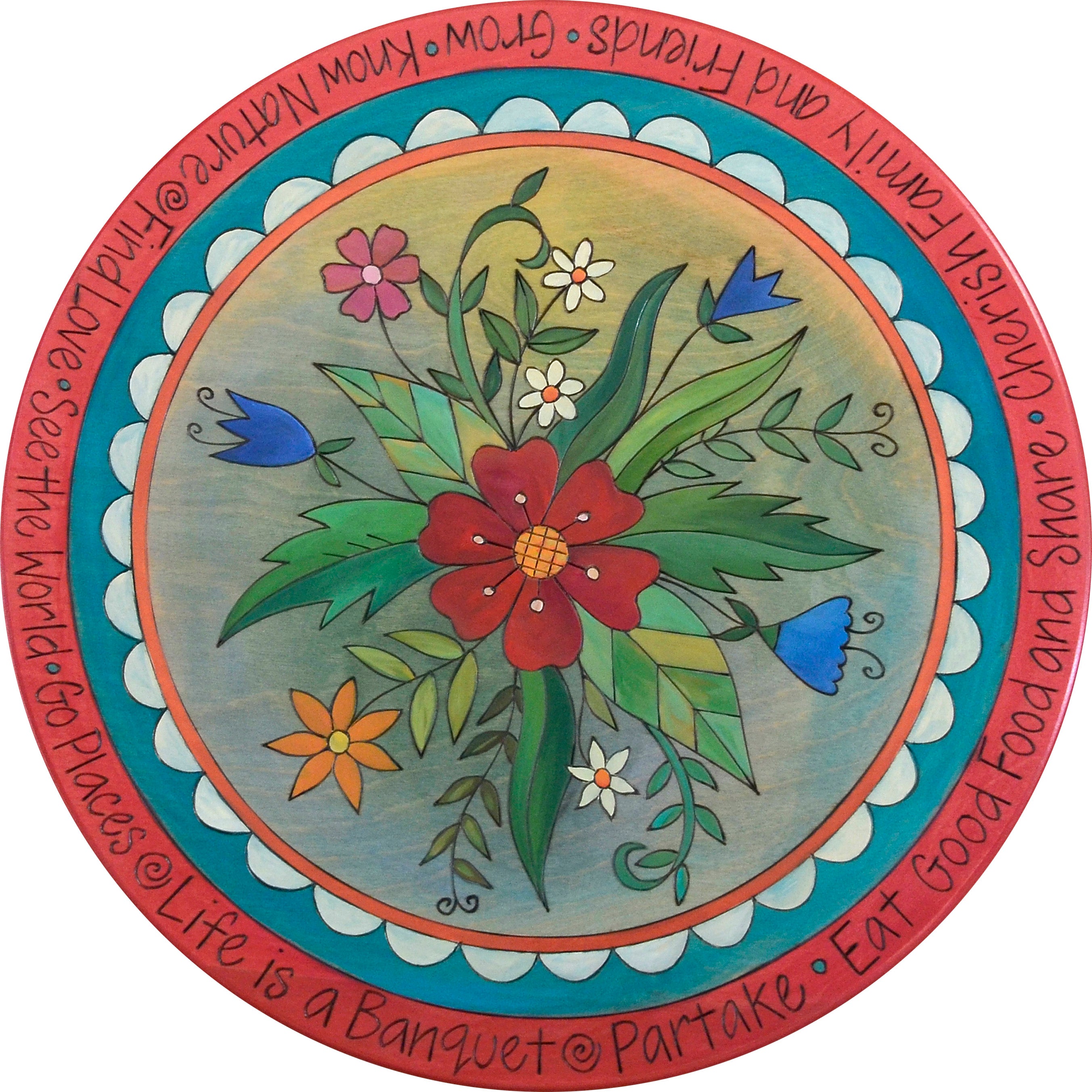 floral lazy susan with red border