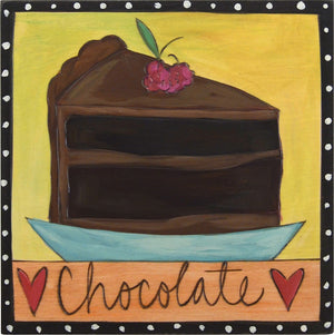 Sticks handmade wall plaque with "Chocolate" quote and a decadent looking piece of chocolate cake and hearts