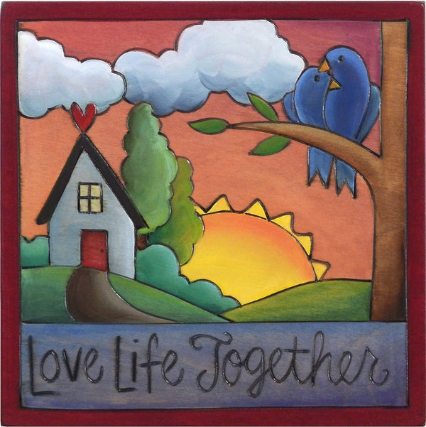 Sticks handmade wall plaque with "Love Life Together" quote and cute love birds heart home landscape