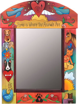 "Home is where the animals are" floating icon motif mirror with dogs, cats, birds, and even a horse