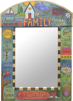 Medium Mirror –  "Cherish Family/Love Each Other" mirror with home and sailboat motif