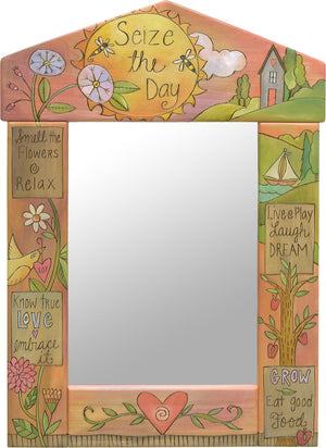 Medium Mirror –  "Seize the Day" mirror with pastel flower and home in the hills motif
