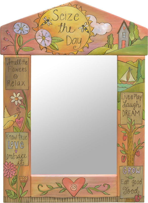 Medium Mirror –  "Seize the Day" mirror with pastel flower and home in the hills motif