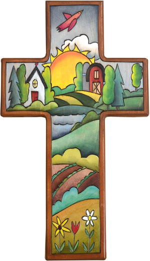 Cross Plaque –  Cross Plaque with home and barn and sunset on the horizon