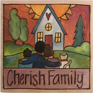 Sticks handmade wall plaque with "Cherish Family" quote and family with cat in front of their home imagery