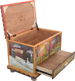 Chest with Drawer –  "Seasons Change but Family is Forever" chest with drawer with four seasons, sun and moon motif