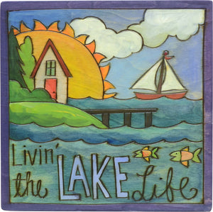 Sticks handmade wall plaque with "Livin' the Lake Life" quote, house, dock, fish and sailboat imagery